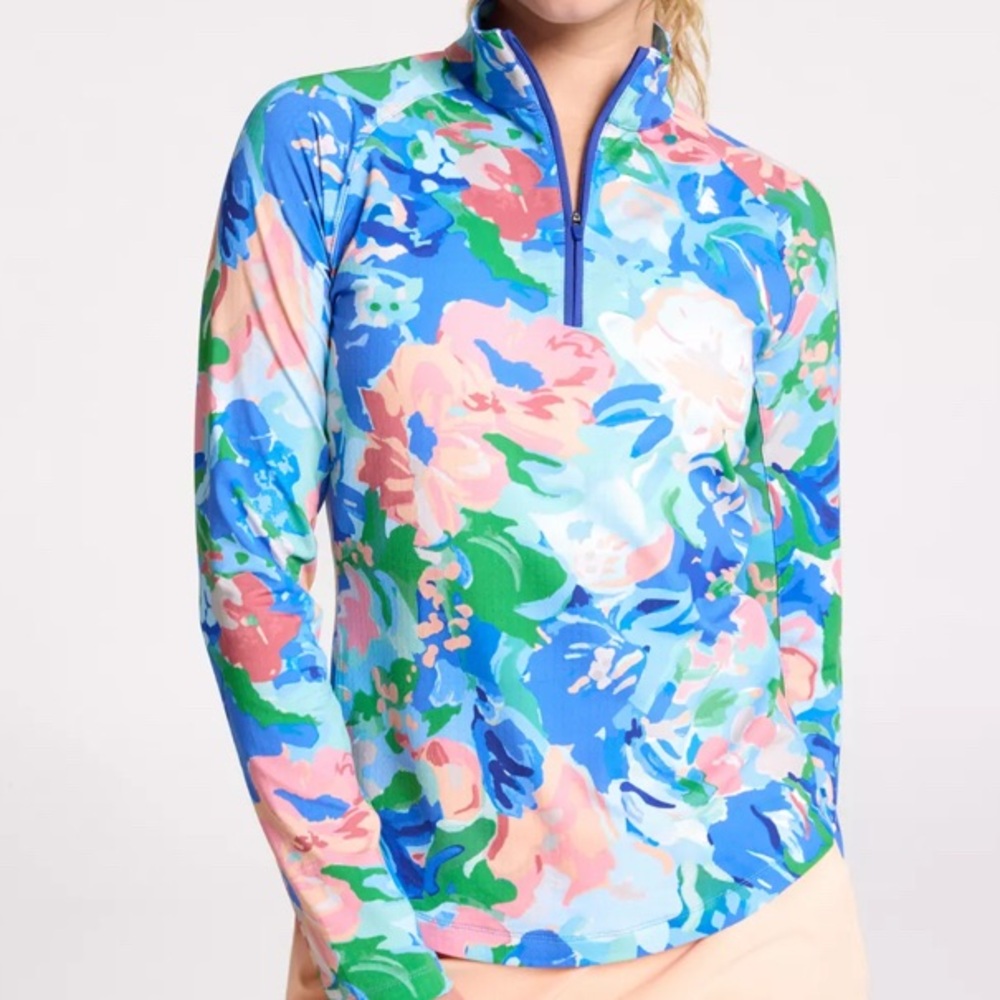 NWT Walter Hagen Blue Gouache Floral P11 Performance UV Protection Quarter Zip - Picture 2 of 9